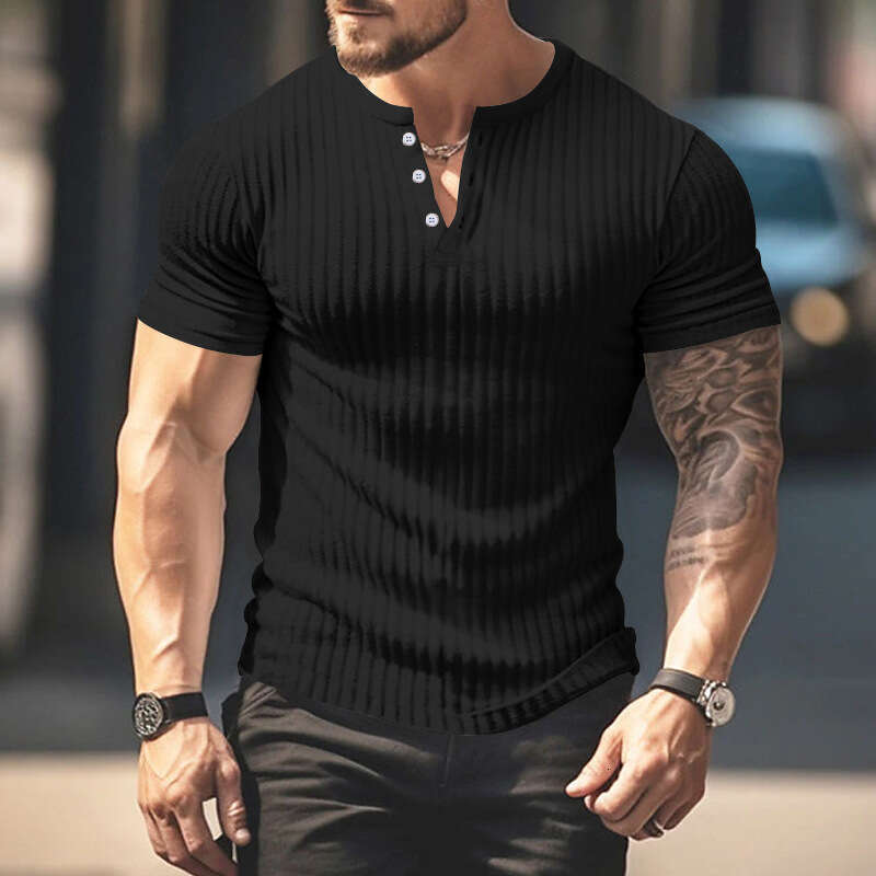 European and American Solid Color Men's New Summer Versatile Short Sleeve Foreign Trade Henley Shirt Fashion Hot Selling Cross-border Casual Knit