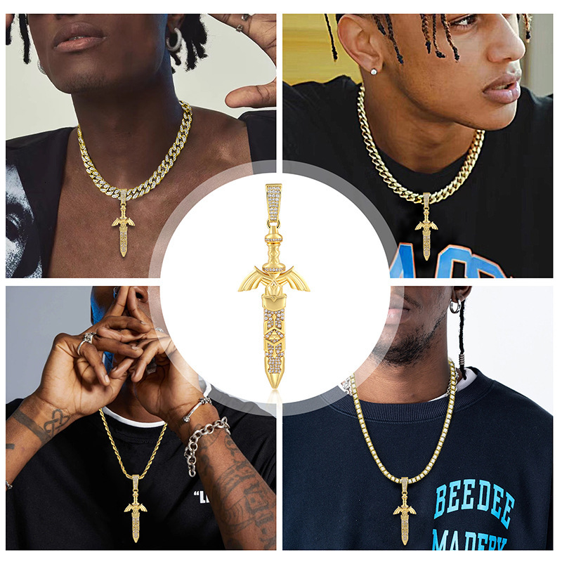 Luxury Moissanite Jewelry Hip Hop Sword Pendant Light Luxury Niche Unique Trendy Cool Punk Statement Necklace