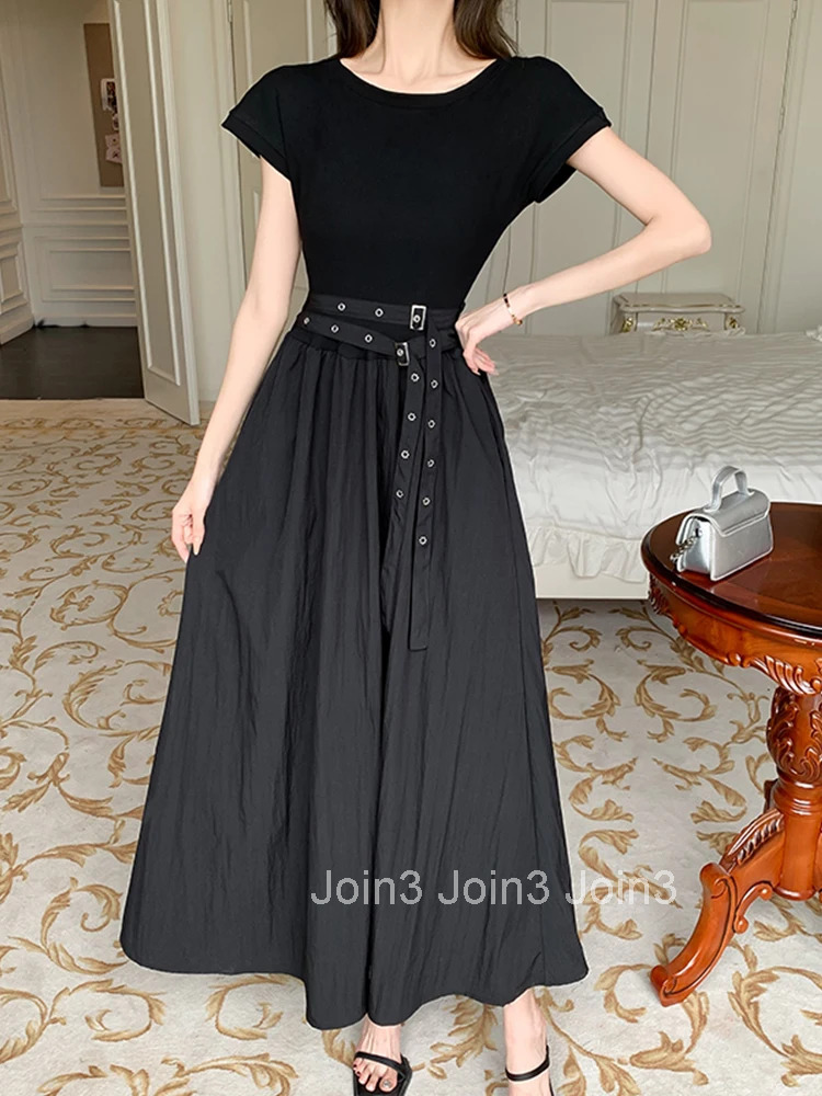 Summer Black Simple A-Line Long Dress Women Elegant Casual O-Neck Short Sleeve Slim Belt Maxi Robe Femme Vestidos Street Clothes