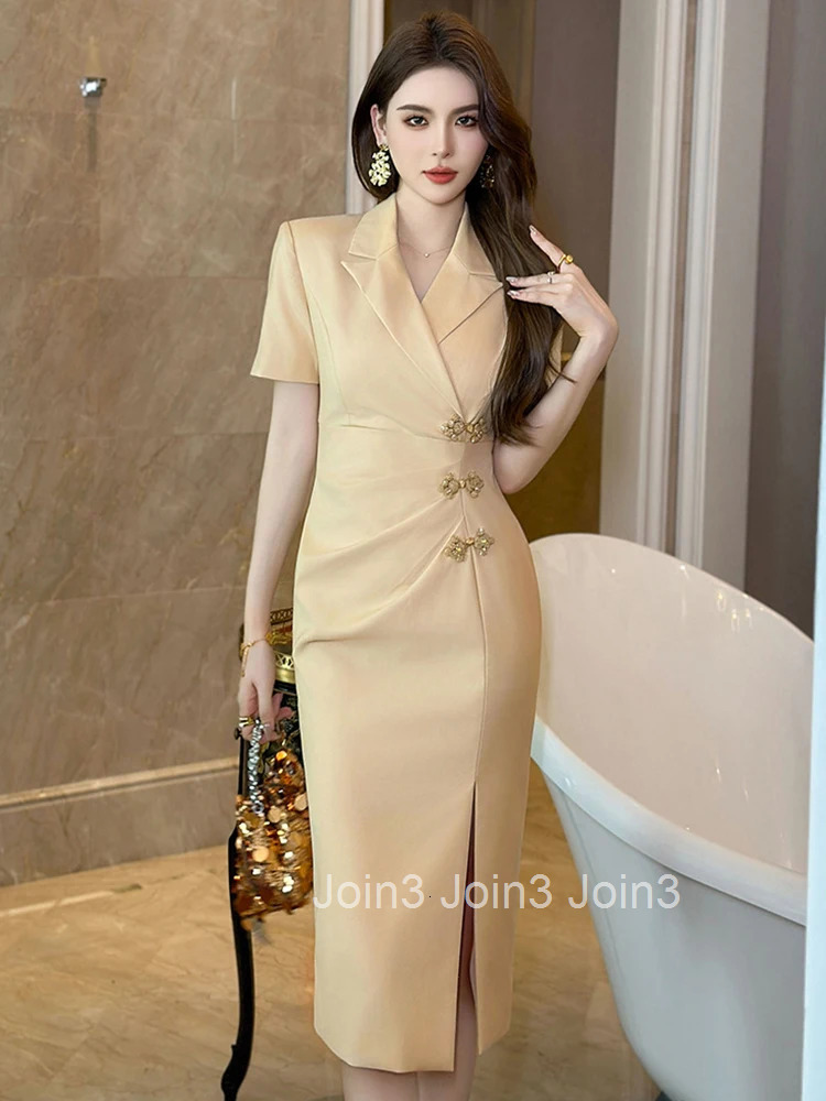 Summer Work Style Formal Occasion Pencil Dress Women Clothes Elegant Office Vintage Solid Short Sleeve Slim Folds Midi Vestidos