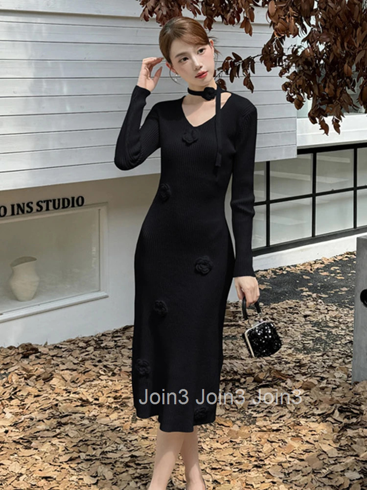 New Fashion Autumn Winter Floral Knitted Stretchy Dress Women Clothes Sweater Casual Solid V-Neck Skinny Midi Robe Mujer Vestido