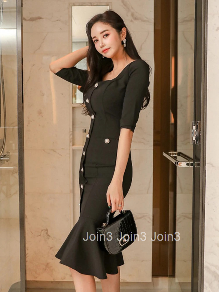 New Spring Autumn Fashion Ladies Black Mermaid Dresses Women Mujer Elegant Office Commute Square Collar Slim Dress Femme Vestido