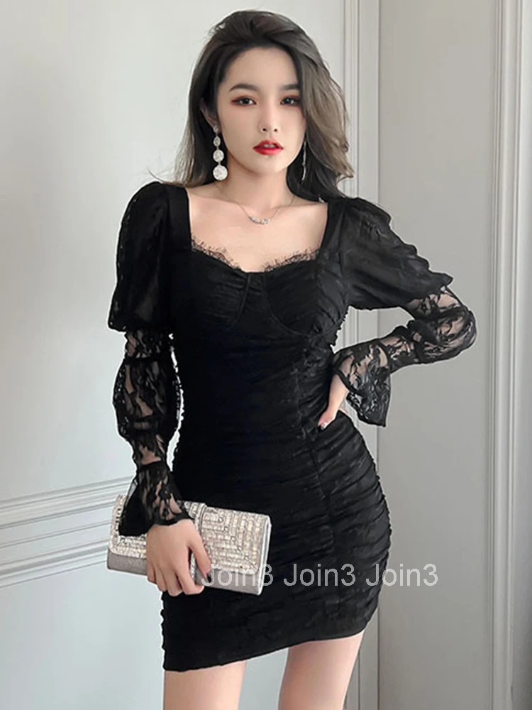 Fashion Women Vintage Square Collar Lantern Sleeve Mini Party Dress Elegant Sexy Street Clothes Lace Floral Folds Female Dress