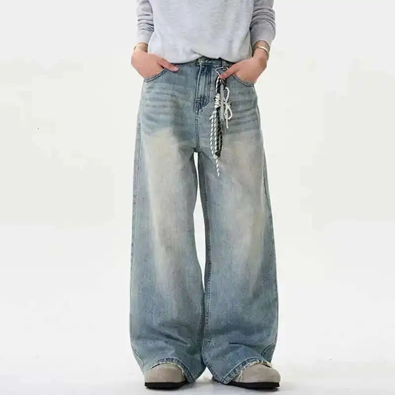 IEFB Distressed Jeans Solid Color Washing Summer Men Trousers Loose Wide Leg Casual Straight Mustache Effect Male Bottom 9W665 250616