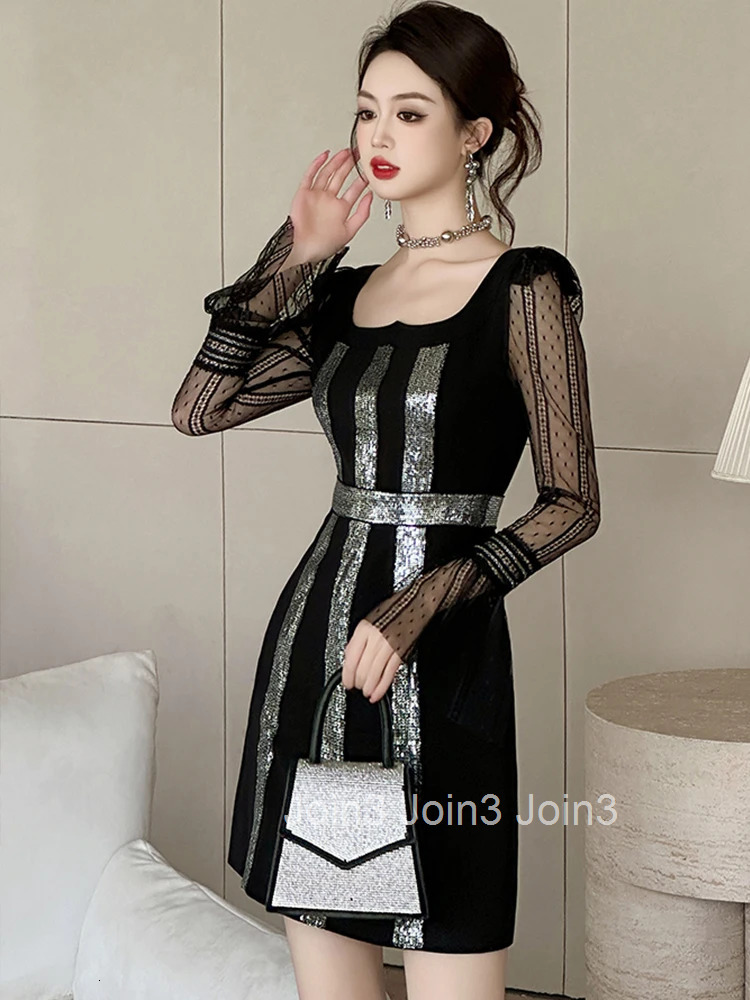 New Spring Fashion Lady Black Sequin Evening Short Dress Women Clothes Elegant Sheer Sexy Square Collar Slim Party Prom Vestidos