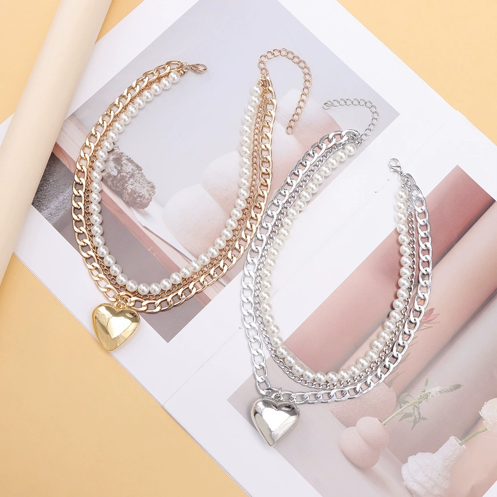 Chic Shimmering Heart Charm with Layered Pearl Beads - Intricate Metal Link Neckpiece