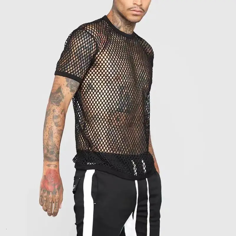 Style Male Personality Hollow-out Jacket Fishnet Mesh Perspective Short-sleeved T-shirt Men Nightclub Dancers Sexy Costume Men 250616