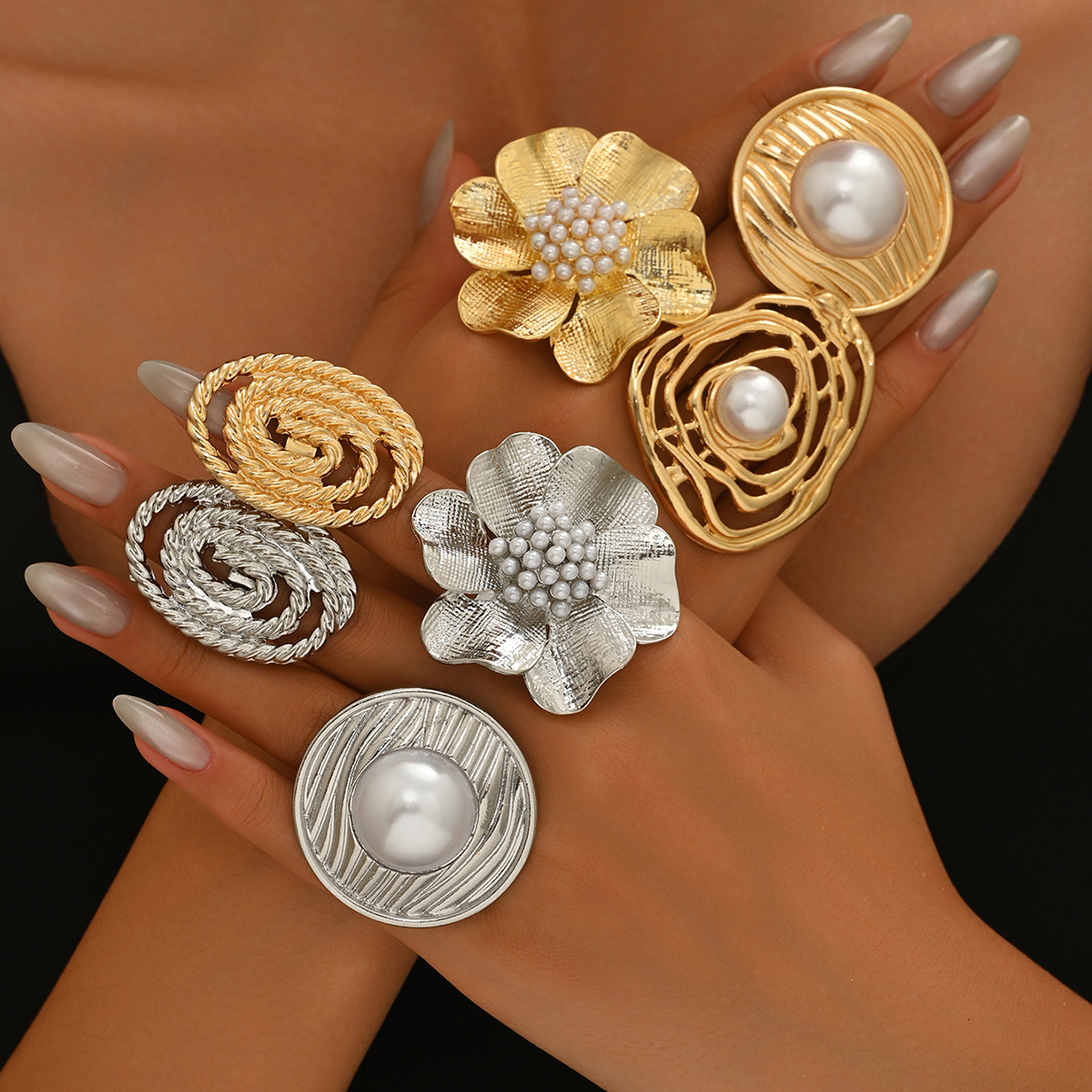 Style Jewelry Floral Design Open Wave Inlaid Pearl Ring