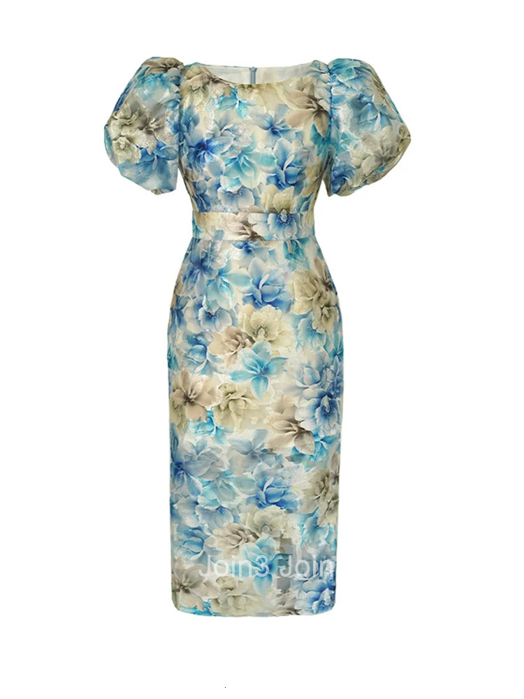 New Summer Elegant Women Evening Dress Retro Blue Floral Puff Sleeve Slim Midi Party Beach Prom Mujer Robe Femme Vestidos Fiesta