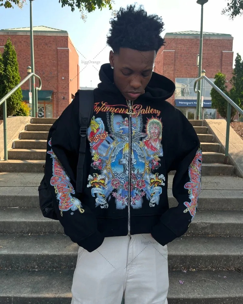 Trendy Streetwear Jacket Retro Gothic Letter Print Zipper Hoodie Men Hip-hop Punk Style Casual Oversized Sweatshirt 250618