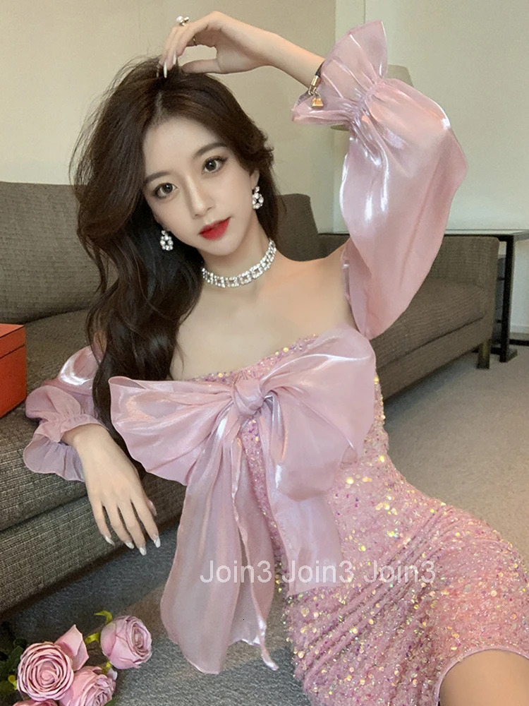 Spring Autumn Women Evening Dress Chic Pink Sweet Sparkly Sequin Sexy Chest Wrapping Slim Midi Party Prom Birthday Mujer Vestido