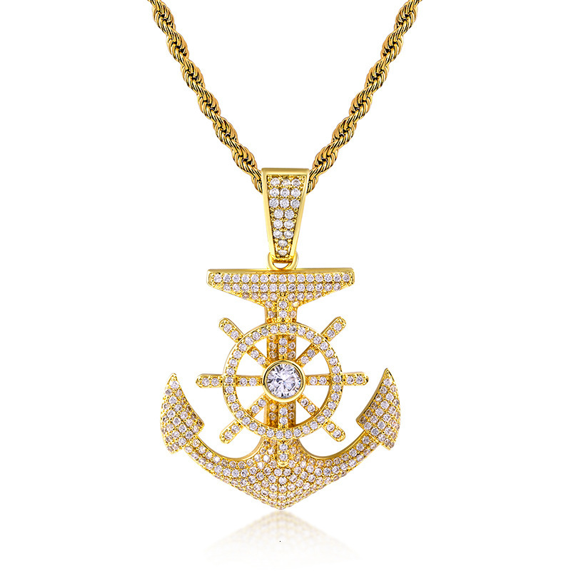 HipHop Luxury Designer Jewelry DiamondInlaid Anchor Compass Pendant Moissanite Necklace Trendy Men BlingBling Accessory