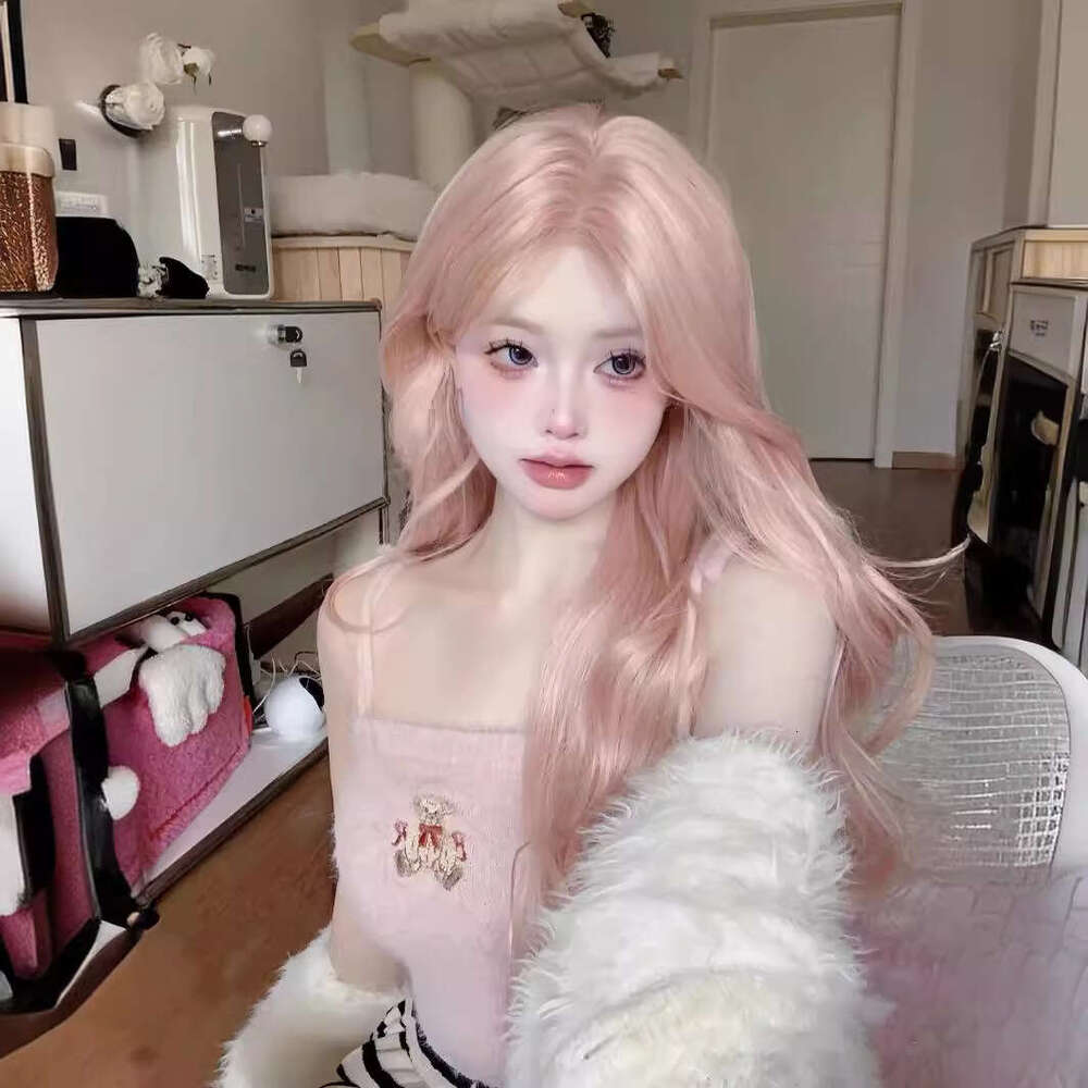 Rose Pink Hair For Women, Middle Part, Bangs, Big Waves, Long Curly Hair, Internet Celebrity Lolita Full Wig