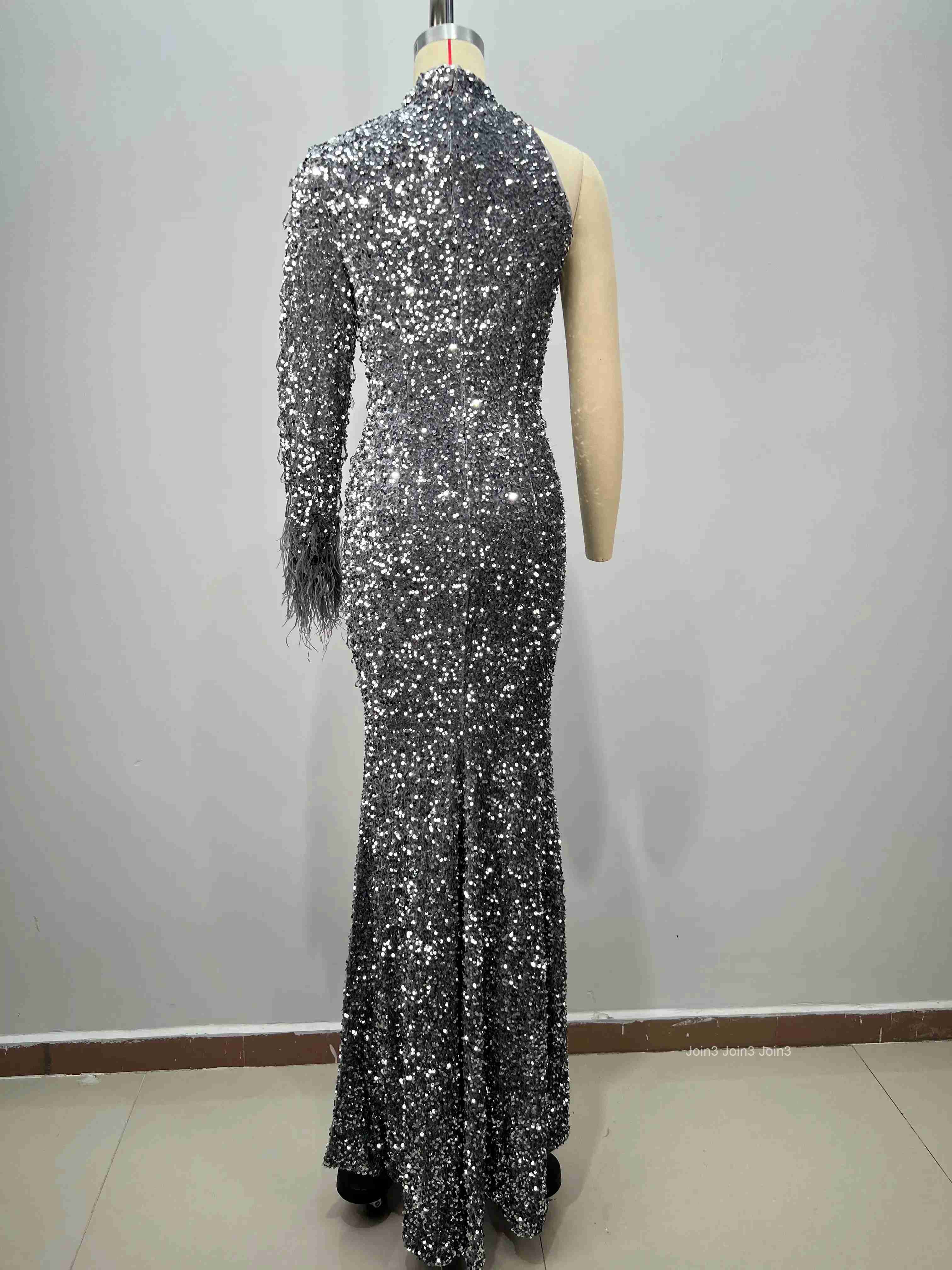 Womens Silver Sequin Bandage Dress One Shoulder Fringe Sleeve Embroidered Mermaid Gown Feather Trim Evening Party Dress