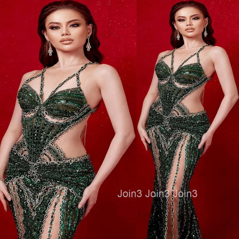 2025 New Women Stage Performance Costume Fashion Embroidered Sequins Diamonds Sexy Gauze Splicing Dress V-neck Sling Long Skirt