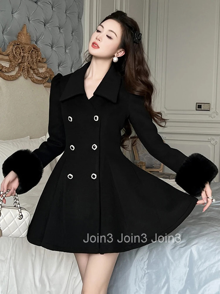 Women Clothes Black Woolen With Jacket Double-Breasted Elegant Hairy Long Sleeve Slim A-Line Coat Outerwear Autumn Winter Casual