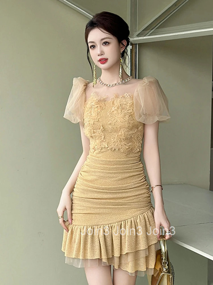 Summer Fashion Bright Silk Sparkly Gold Evening Dress Women Clothes Sweet Mesh Sheer Sexy Bubble Sleeve Slim Party Prom Vestidos
