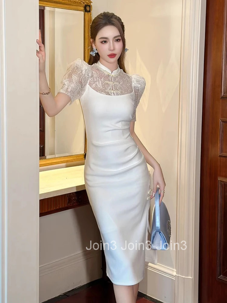 Summer Fashion White Lace Splic Evening Dress Women Clothes Elegant Vintage Sheer Sexy Puff Sleeve Slim Midi Party Prom Vestidos