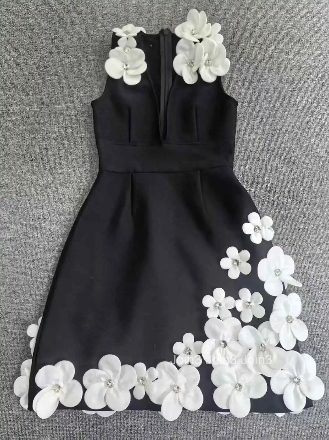 Womens Black Bandage Dress Sleeveless Deep V-Neck 3D Floral A Line Elegant Evening Gown Formal Party Wear