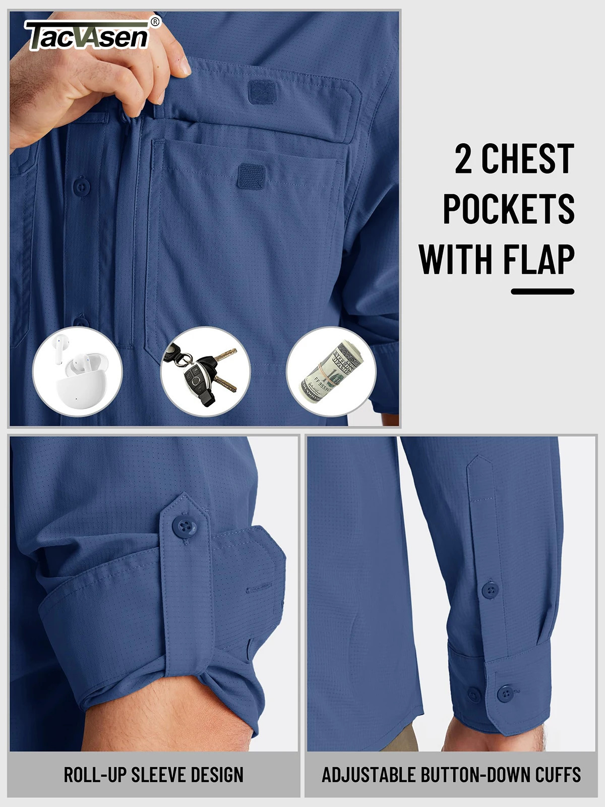 TACVASEN Fishing Shirts Mens UPF 50 Quick Dry Long Sleeve Breathable Shirts Outdoor Work UV Sun Protection Button Down Shirts 250618