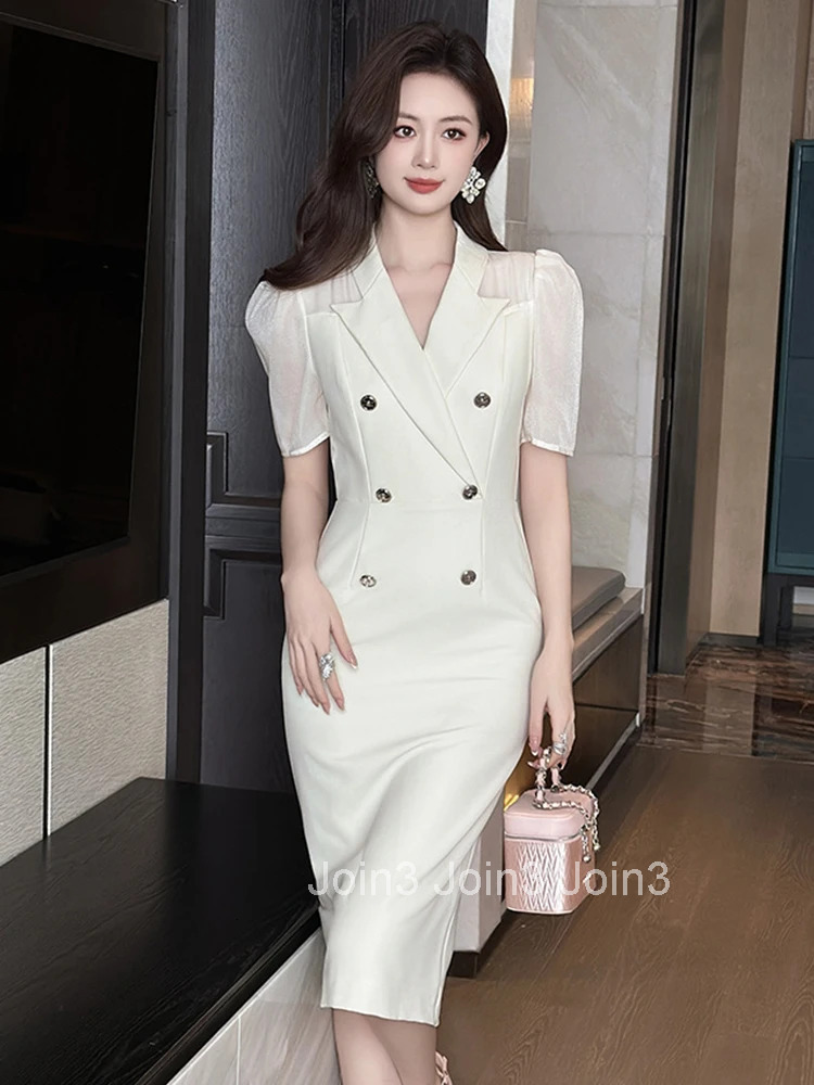 New Summer French Fashion Solid Formal Occasion Pencil Dress Women Clothes Commute Elegant Lady Puff Sleeve Slim Midi Vestidos