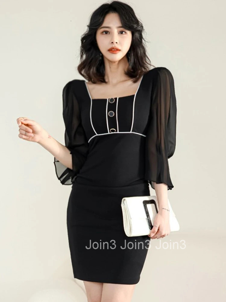 New Summer Elegant Office Women Short Dress Vintage Black Sexy Square Collar Slim Mini Pencil Party Street Clothes Mujer Vestido