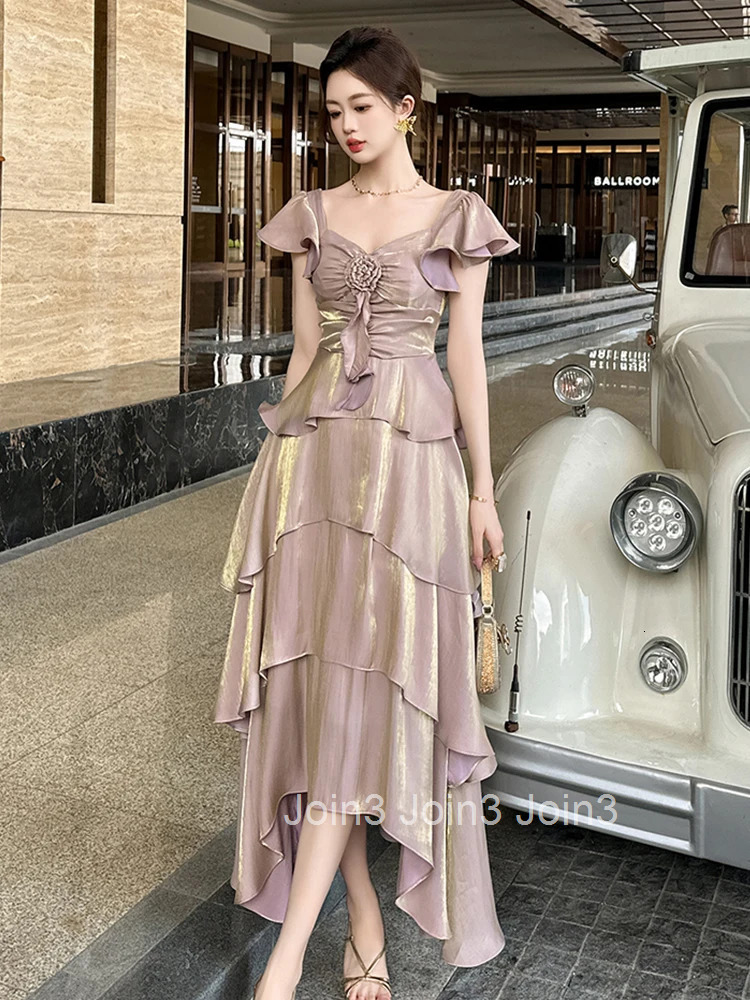 New Sweet Ruffle Square Collar Gown Evening Dress Women Vacation Clothes Short Sleeve A-Line Maxi Long Robe Party Prom Vestidos