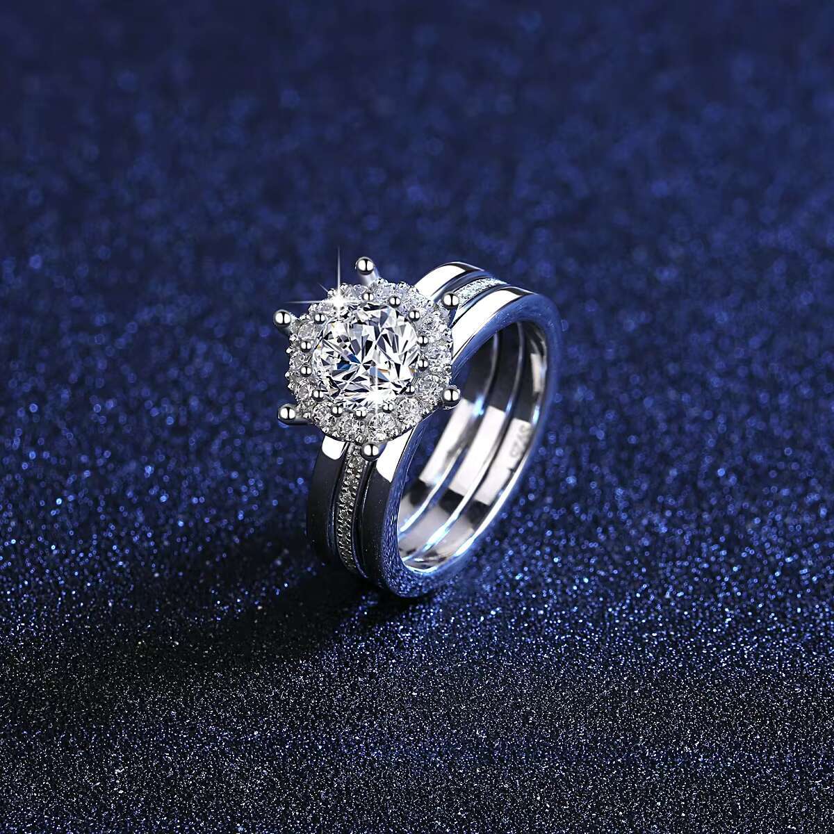 CZCITY 1ct Moissanite 925 Sterling Silver Big Cocktail Moissanite Diamond Wedding Promise Ring Set