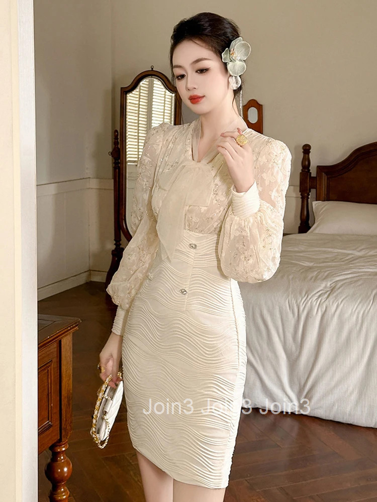 New Fashion Lady Work Style Fake 2 Pieces Pencil Short Dress Women Clothes Elegant Office Sweet V-Neck High Waist Slim Vestidos