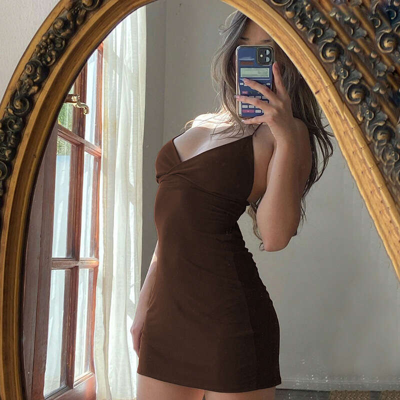 Women's Sexy Hot Girl Cross Deep V-Neck Chest-Enhancing Backless Solid Color Bodycon Strap Dress B5