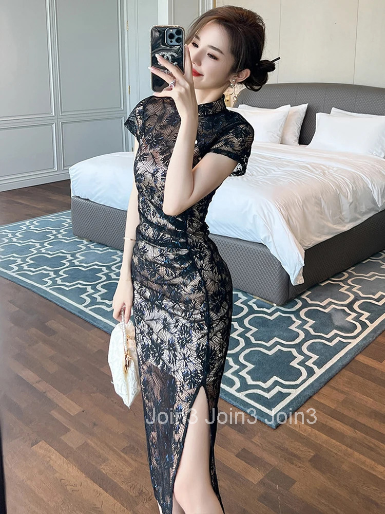 New Chinese Style Qipao Summer Evening Dress Women Lady Lace Chic Black Sexy Stand Neck Slim Midi Party Club Prom Mujer Vestidos