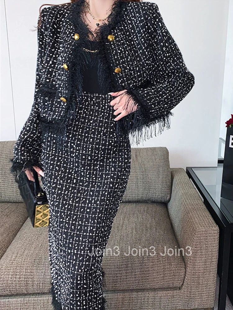 New Fashion Ladies Vintage Plaid Tweed 2 Pieces Outfits Women Clothing Short Coat Tops Jacket Outwear And High Waist Skirt Set