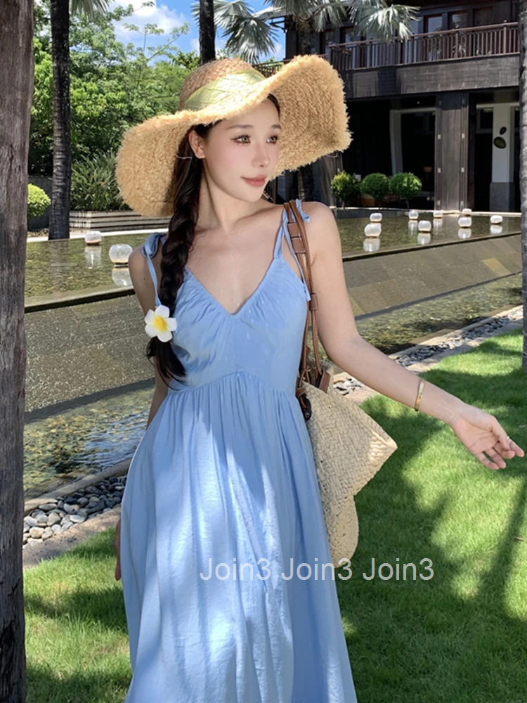 Women Vacation Clothes Blue Sweet Hollow Sexy Sling V-Neck A-Line Maxi Long Dress Elegant Fashion Party Prom Vestidos Robe Beach