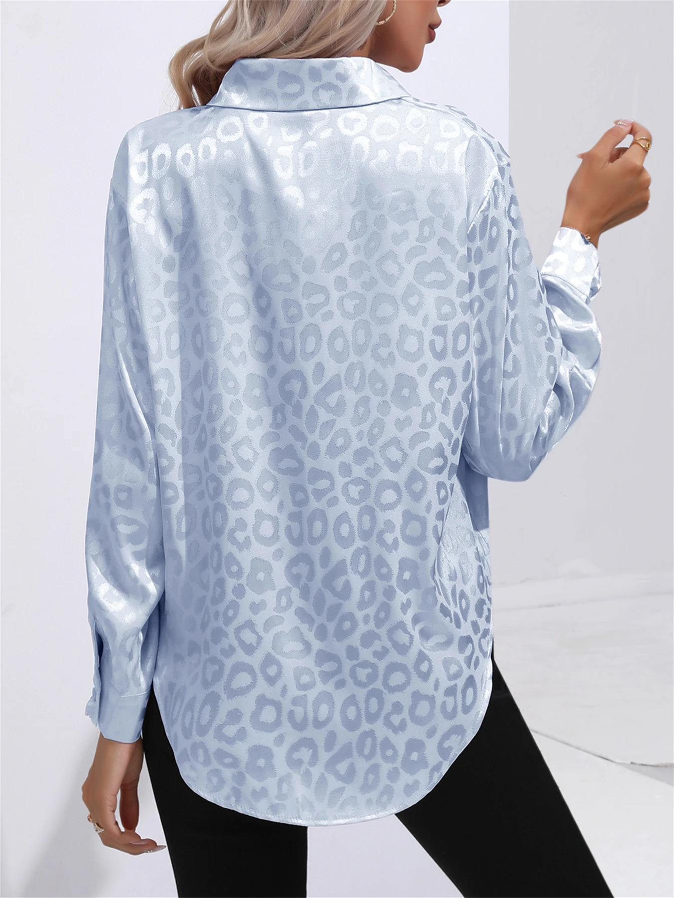 Elegant Lapel Collar Button Front Long Sleeve Leopard Shirt For Women Satin Blouse 250617