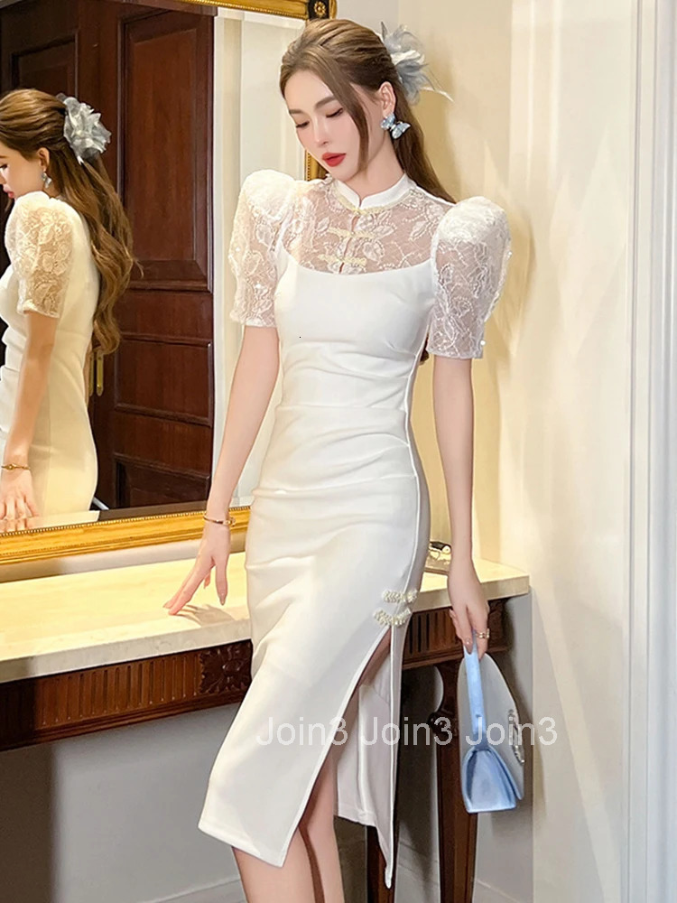 Summer Fashion White Lace Splic Evening Dress Women Clothes Elegant Vintage Sheer Sexy Puff Sleeve Slim Midi Party Prom Vestidos