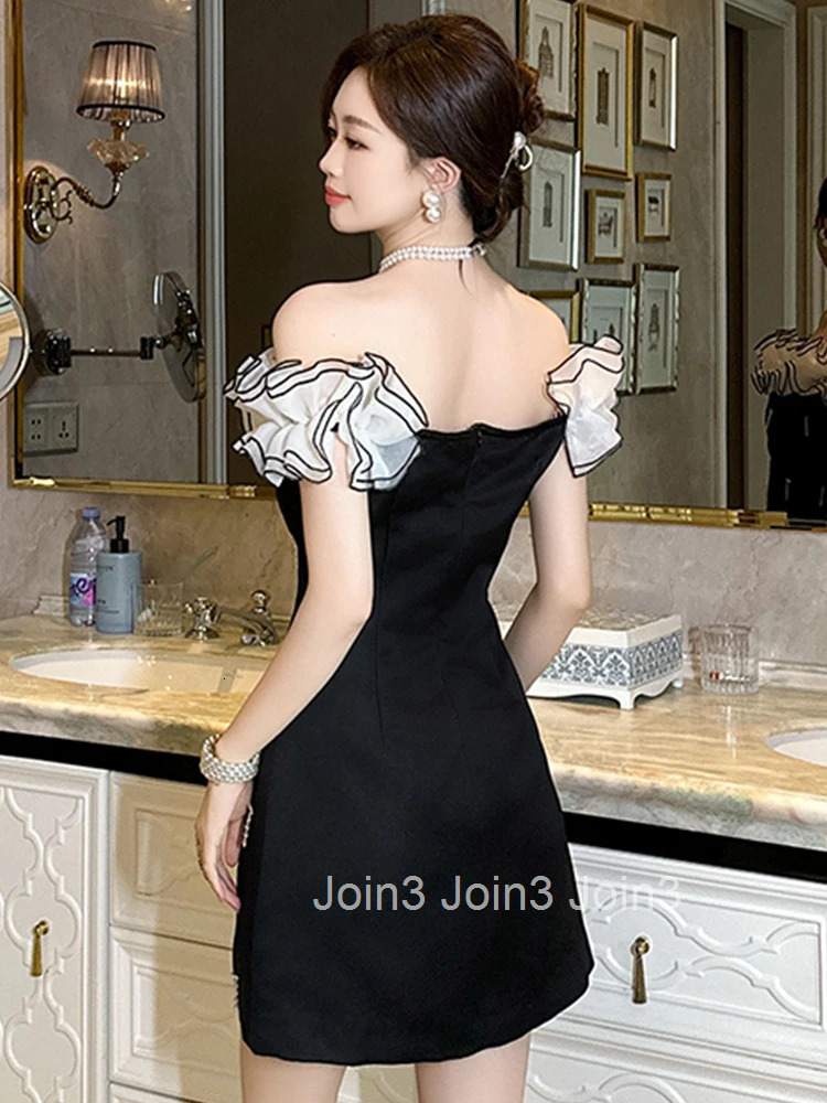 Summer Vintage Black Evening Dress Women Clothes Elegant Luxury Sweet Sexy Off-Shoulder Slim Short Party Club Birthday Vestidos