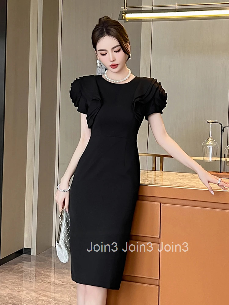 New Black Elegant Formal Occasion Pencil Dress Women Elegant Office O-Neck Ruffle Sleeve Slim Party Prom Vestidos Street Clothes