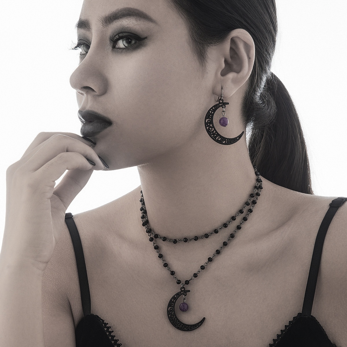 Crystal Bead Chain Sweet Cool Gothic Style Hollow Moon Pendant Necklace