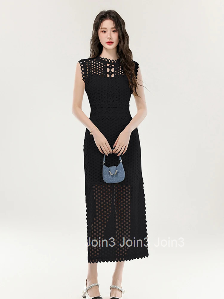 Women Clothes Casual Solid Outfit Elegant Sexy Hollow Sleeveless Slim Midi Dresses And Sling Skinny Mini Dress Mujer 2 Piece Set