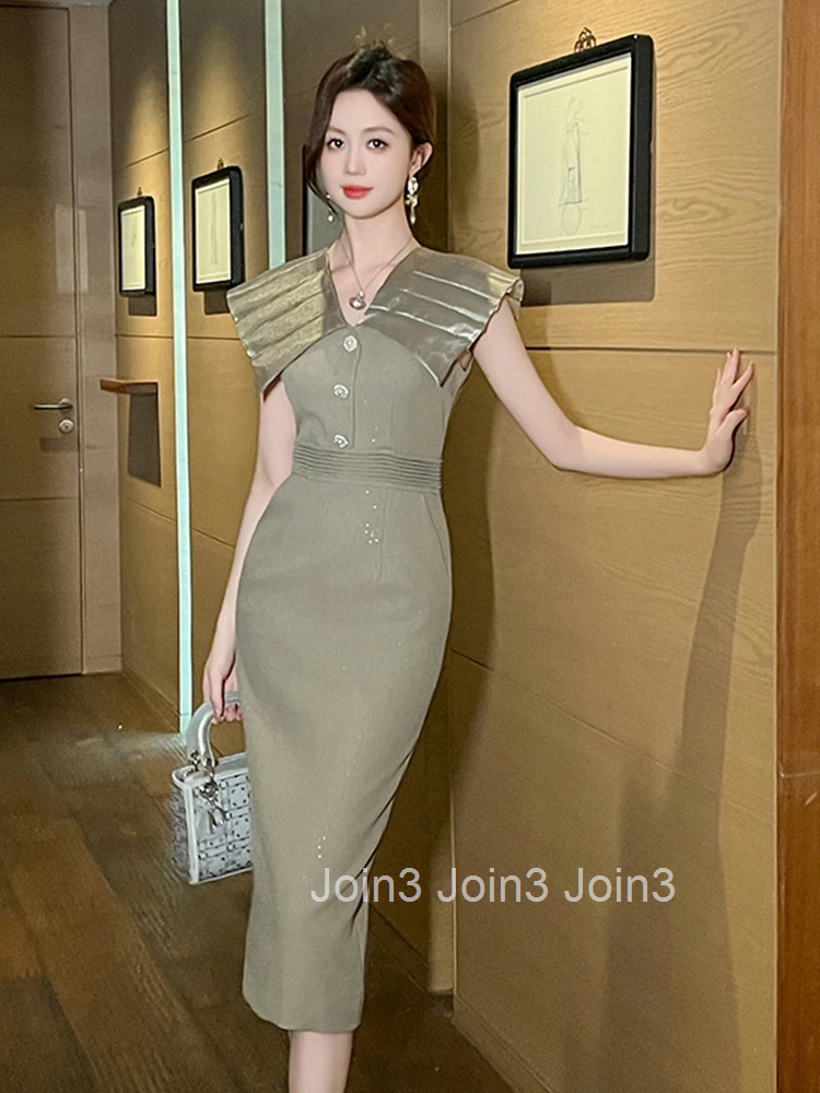 Summer Retro Business Elegant Office Formal Occasion Dress Women Clothes Commute Sweet Sleeveless Slim Midi Pencil Robe Vestidos