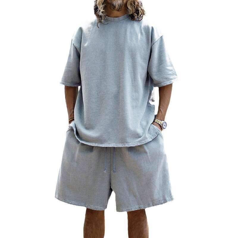 25 European and American Foreign Trade Plus Size Casual Loose Short Sleeve T-Shirt Spring Summer Shorts Solid Color Men's Set