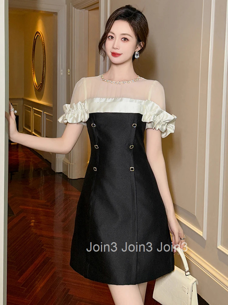 Summer Fashion Elegant Formal Occasion Evening Dress Women Clothes Retro Sheer Sexy O-Neck Puff Sleeve Slim Short A-Line Vestido