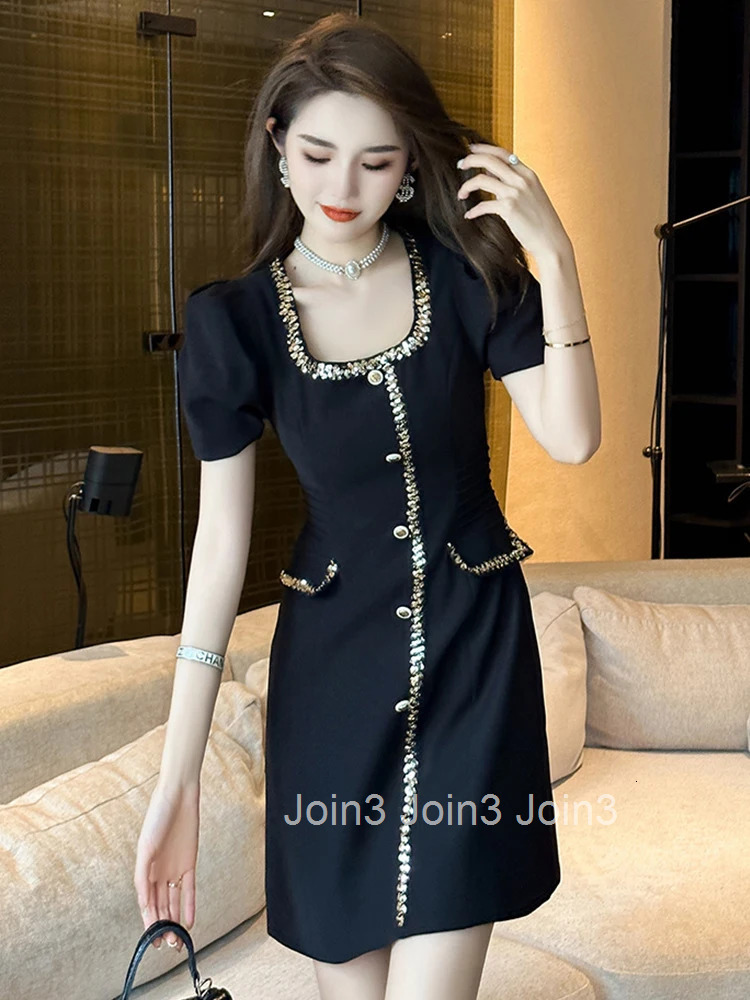 Fashion Summer Black Short A-line Dress Women Ladies Clothing Pretty Elegant Luxury Chic Square Collar Slim Mini Mujer Vestidos
