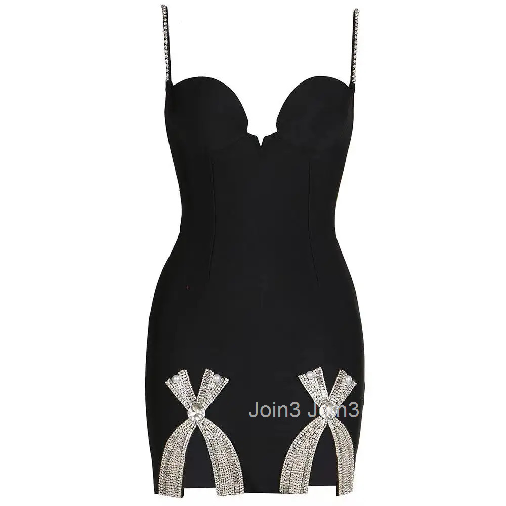 Womens Bandage Dress Summer Fashion Flash Diamond Embellished Bow Split Sling Skirt Sexy Backless Party Gown Chic Feminino Wear