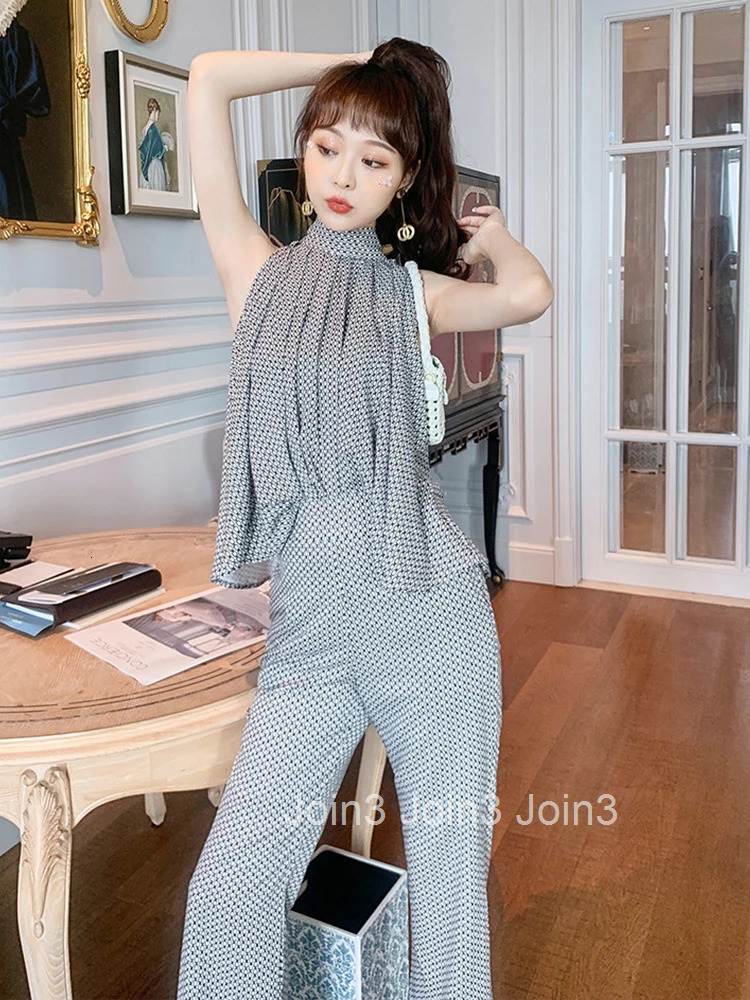 Women Elegant Vintage Print Casual Loose Stand Neck Strapless Lace Tops Shirt Blouse OL High Waist Long Flare Pants 2 Pieces Set