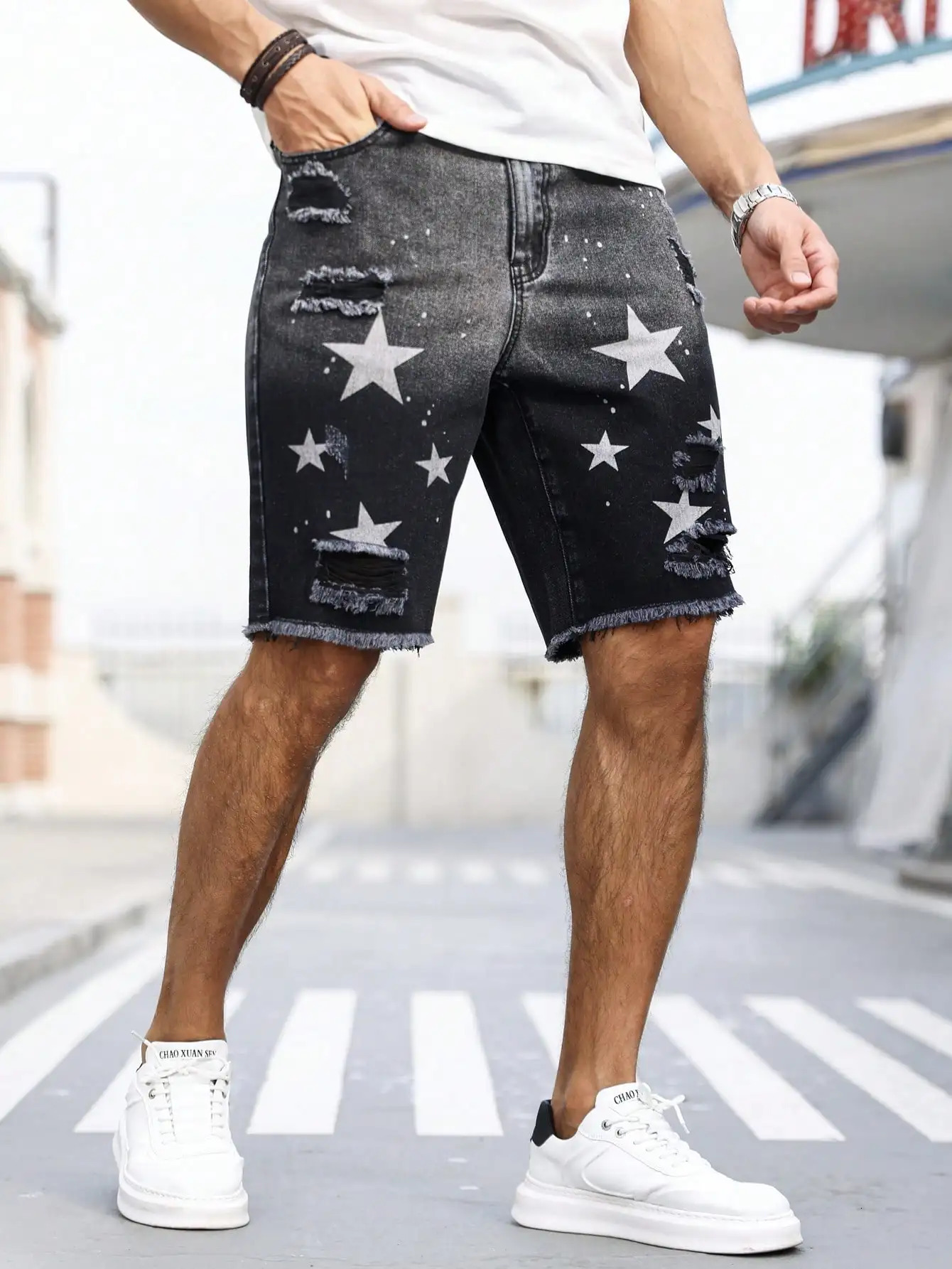 Mens summer denim printed shorts. Black - grey gradient color. Ripped details. Street - style trend. 250617