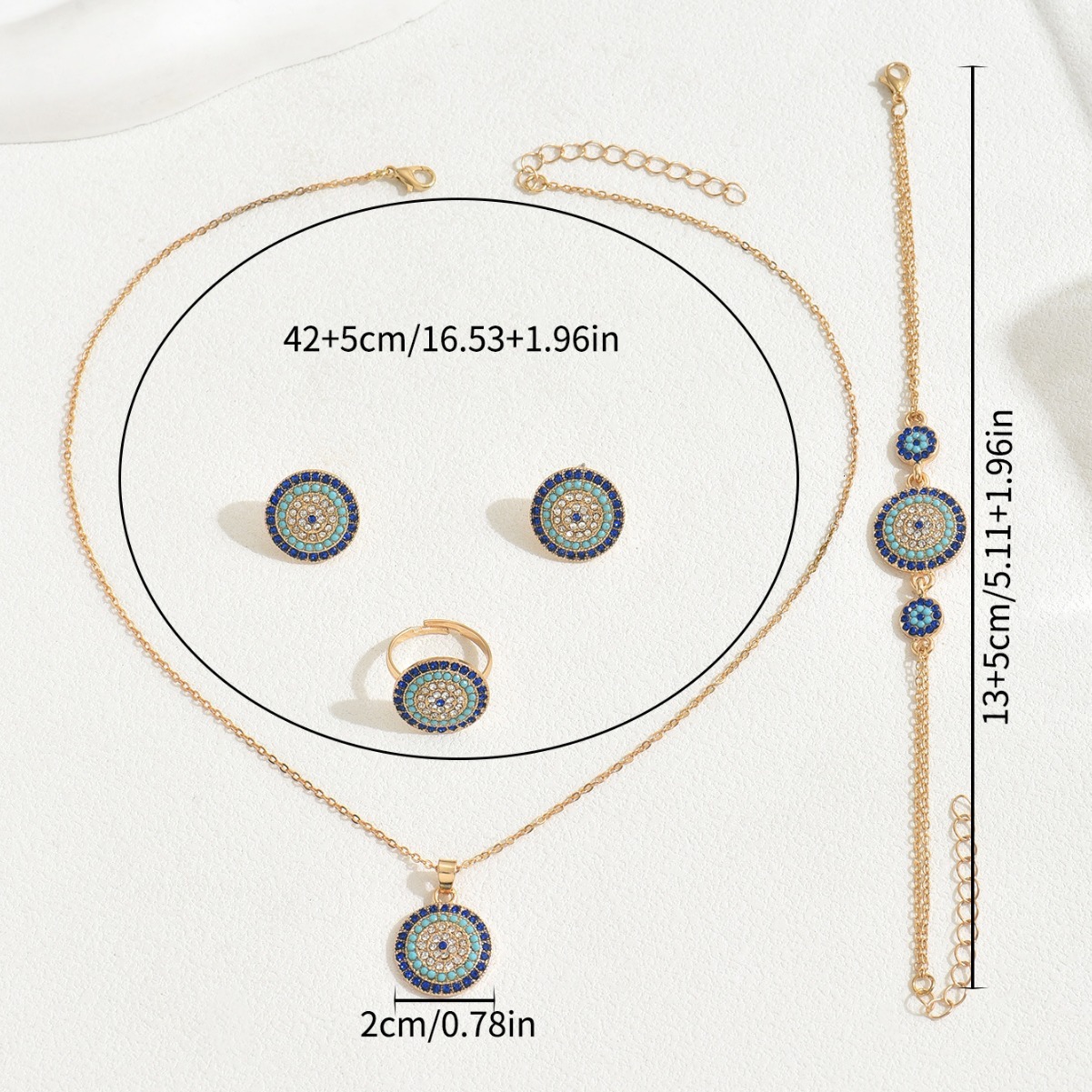 Minimalist Women's Necklace Ring Jewelry Set with Inlaid Round Bracelet and Stud Earrings Accessories