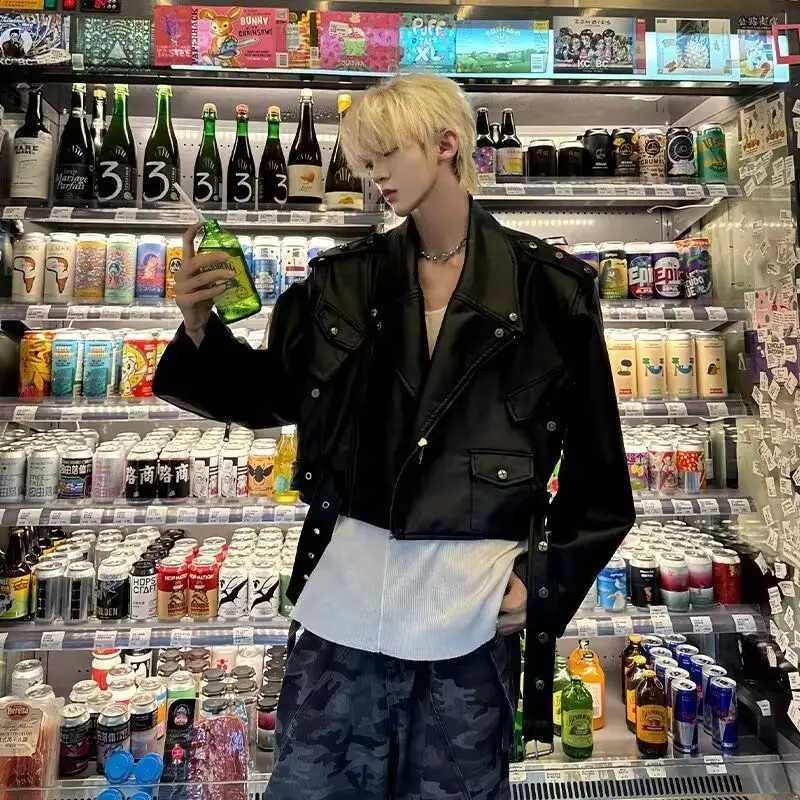 Harajuku High-end Short Pilot Stand Collar Straight Shoulder PU Leather Zipper Jacket Men Trendy Autumn Versatile Mens Clothing W250623