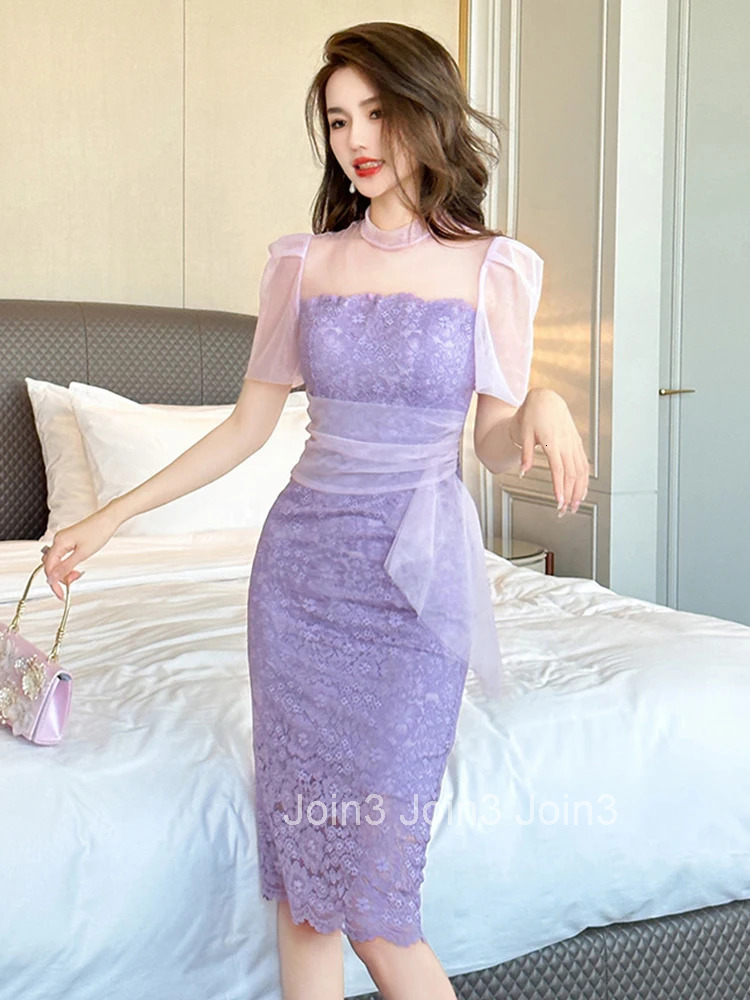 Fashion Summer Elegant Women Evening Dress Lady Lace Purple Sheer Sexy Puff Sleeve Slim Midi Party Prom Holiday Mujer Vestidos