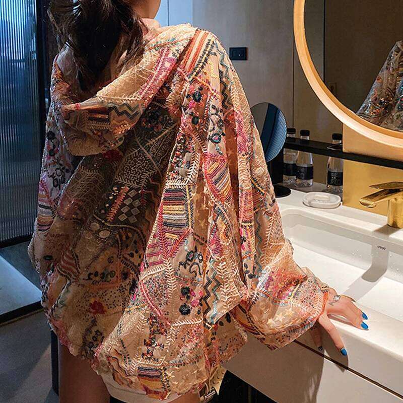 Long Sleeves Hoodie Outerwear European Chic Women Sequins Jacket Elegant Colorful Bling Floral Pink Coat Casual Loose Ins Spring